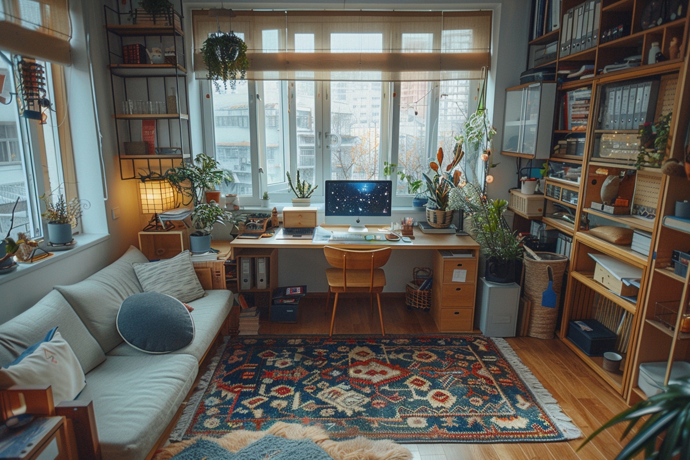 Bureau à domicile cosy et lumineux.