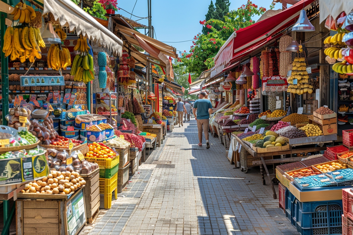 Scène animée de shopping à Sevran avec des visiteurs explorant les boutiques locales colorées.